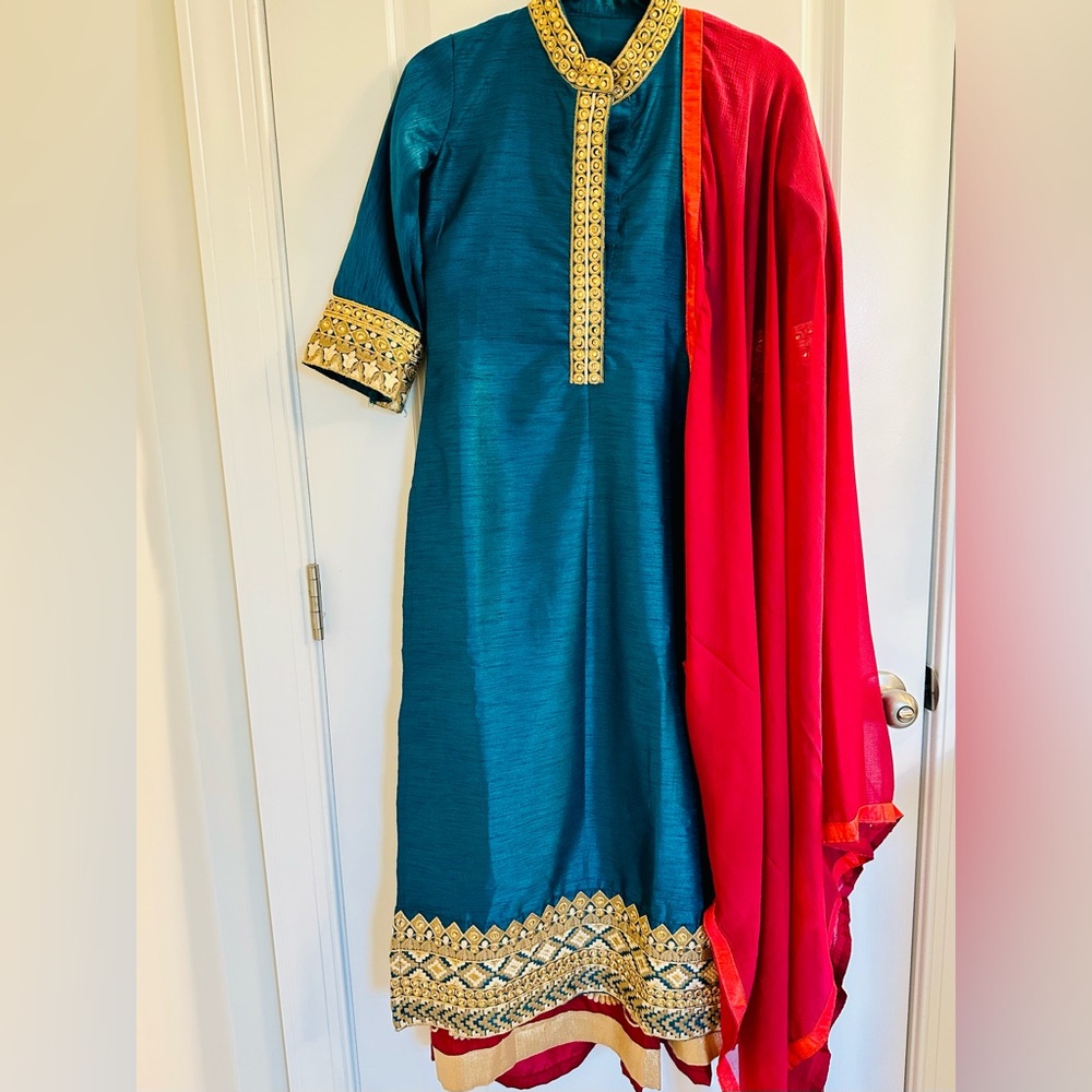 Teal and Red Embroidered Kurta Set